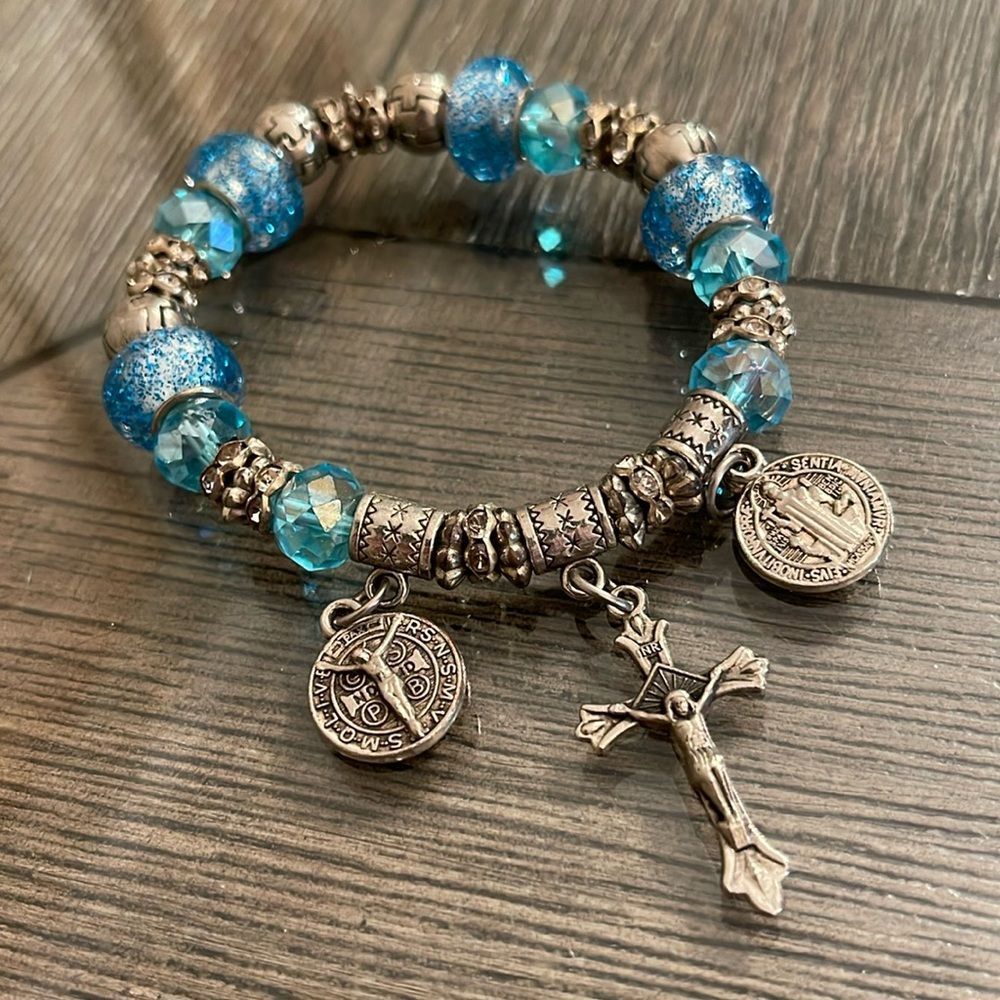 Catholic Bracelet Blue Beaded Bracelet St.Benedict & Crucifix Charms